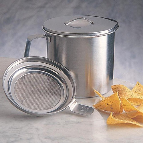 Stainless steel grease keeper with handle and fine mesh strainer for filtering bacon and hamburger grease, ideal for Kitchen & Food and Storage and Serving collections.