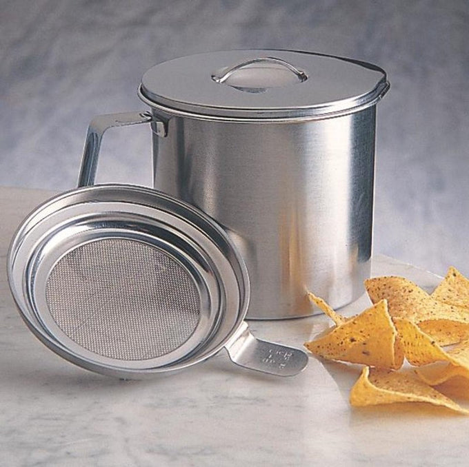 Stainless steel grease keeper with handle and fine mesh strainer for filtering bacon and hamburger grease, ideal for Kitchen & Food and Storage and Serving collections.