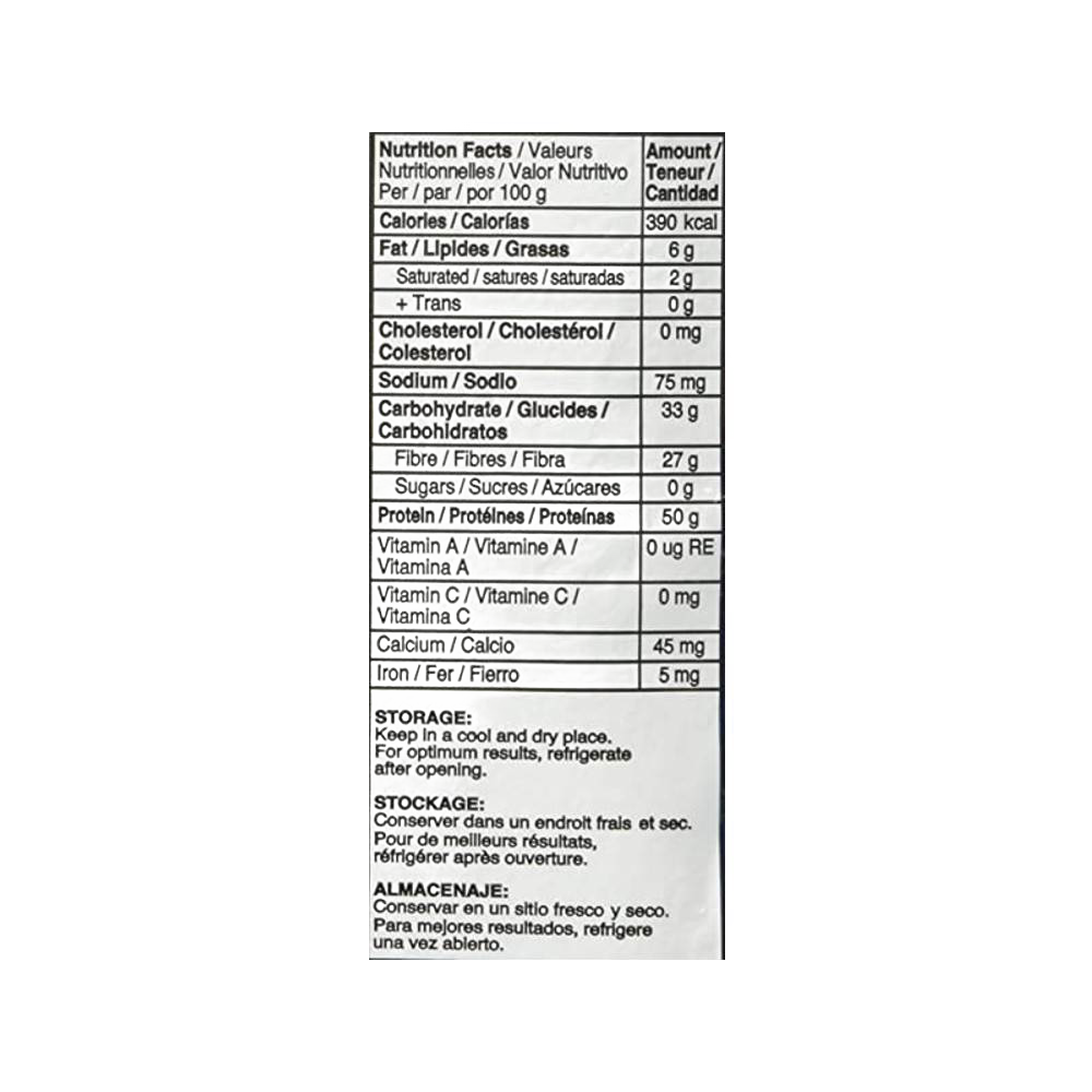 Nutrition facts label showing calories, fat, cholesterol, sodium, carbohydrates, fiber, sugars, protein, vitamins, calcium, and iron content per 100 grams, with storage instructions in English, French, and Spanish, relevant for Kitchen & Food, Food, Dry Goods and Mixes collections.