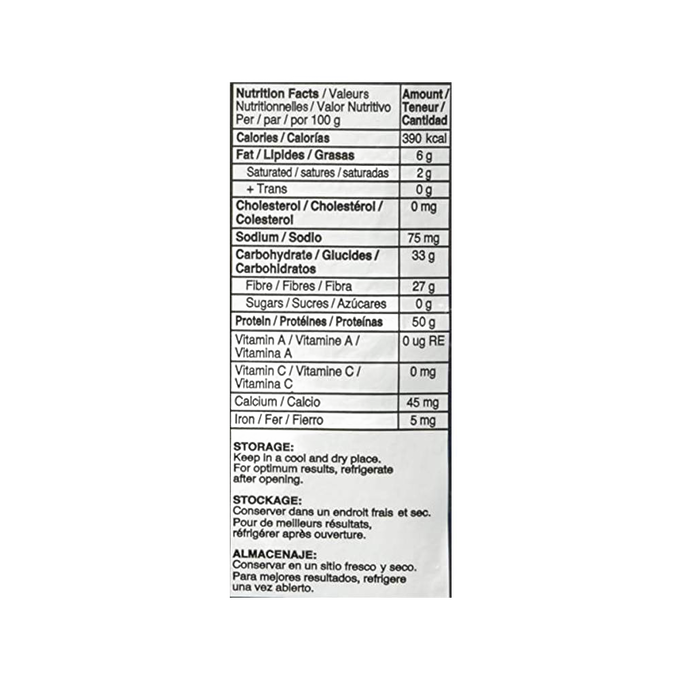 Nutrition facts label showing calories, fat, cholesterol, sodium, carbohydrates, fiber, sugars, protein, vitamins, calcium, and iron content per 100 grams, with storage instructions in English, French, and Spanish, relevant for Kitchen & Food, Food, Dry Goods and Mixes collections.