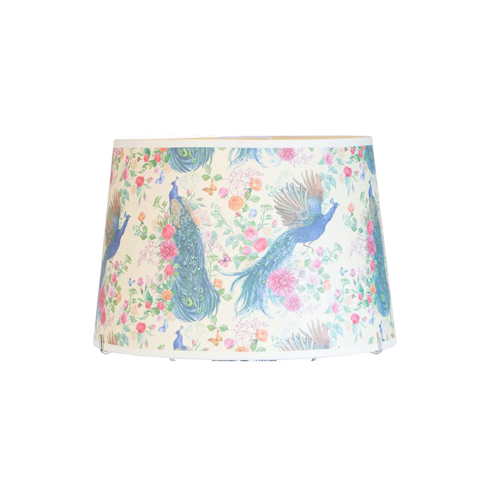Shatterproof parchment lamp shade featuring a vibrant peacock and floral design, crafted for Aladdin oil lamps, perfect for Lamps & Lighting and Lamp Shades collections.