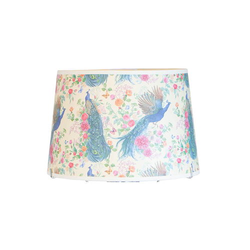Shatterproof parchment lamp shade featuring a vibrant peacock and floral design, crafted for Aladdin oil lamps, perfect for Lamps & Lighting and Lamp Shades collections.