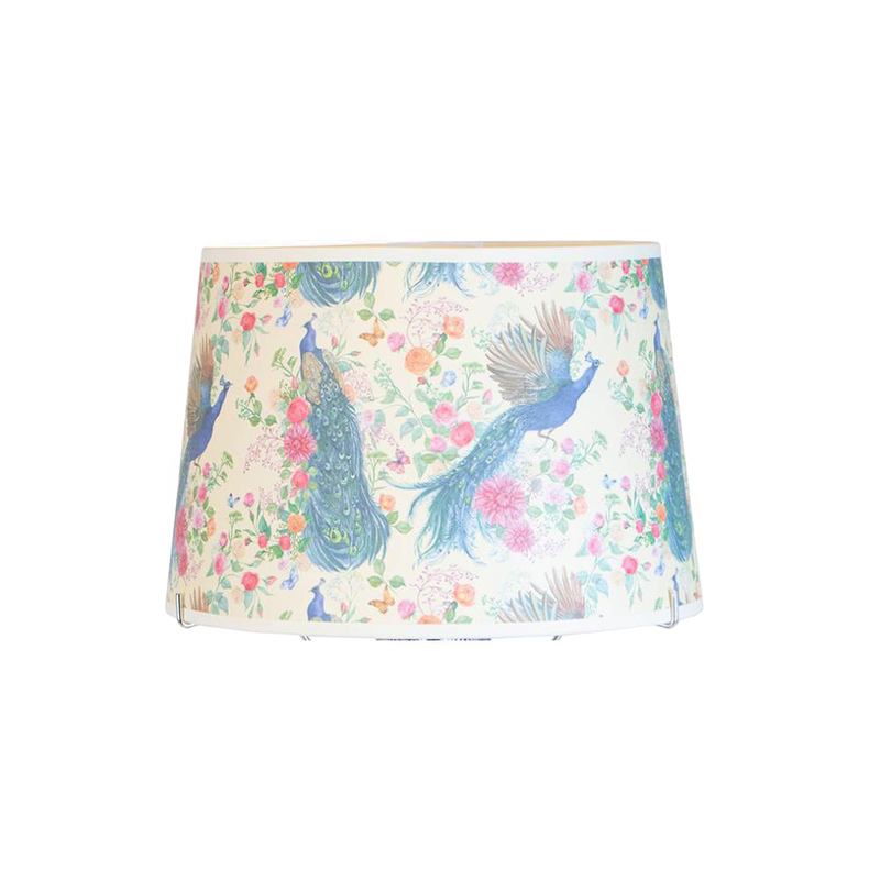 Shatterproof parchment lamp shade featuring a vibrant peacock and floral design, crafted for Aladdin oil lamps, perfect for Lamps & Lighting and Lamp Shades collections.