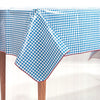 Blue and white checked rectangular vinyl tablecloth with red merrowed edges, designed for easy cleaning and protection in Home & Decor and Kitchen Textiles collections.