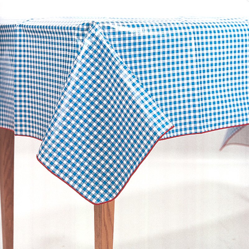 Blue and white checked rectangular vinyl tablecloth with red merrowed edges, designed for easy cleaning and protection in Home & Decor and Kitchen Textiles collections.
