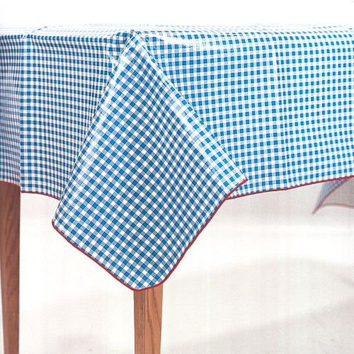 Blue and white checked rectangular vinyl tablecloth with red merrowed edges, designed for easy cleaning and protection in Home & Decor and Kitchen Textiles collections.