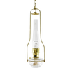 Clear glass hanging lamp with gleaming brass tilt-frame hanger and cylindrical chimney, designed for easy refilling, featured in Farm, Garden & Tool, Lamps & Lighting, and Hanging Lamps collections.