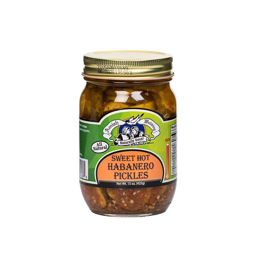 Glass jar of handcrafted sweet and spicy pickles with habanero peppers, featuring an all-natural label, made in USA, ideal for Kitchen & Food and Pantry collections.