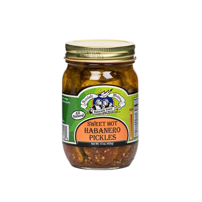 Glass jar of handcrafted sweet and spicy pickles with habanero peppers, featuring an all-natural label, made in USA, ideal for Kitchen & Food and Pantry collections.