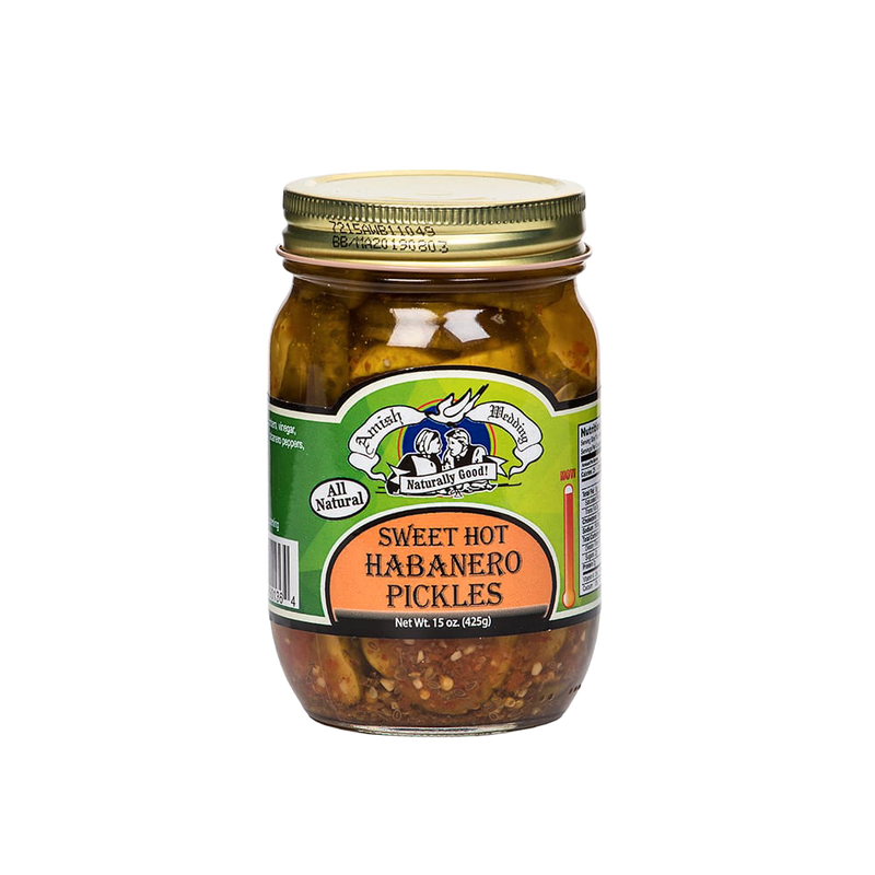 Glass jar of handcrafted sweet and spicy pickles with habanero peppers, featuring an all-natural label, made in USA, ideal for Kitchen & Food and Pantry collections.