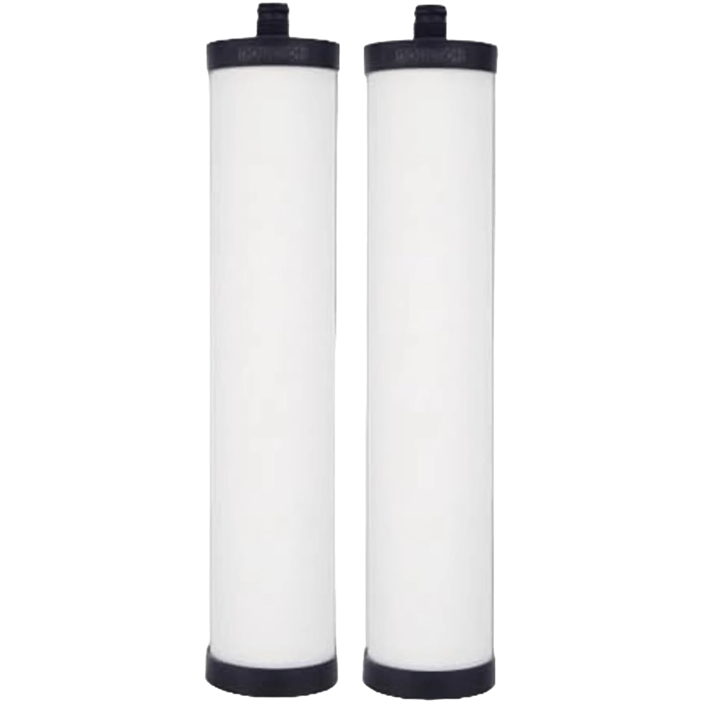 Pair of white cylindrical ceramic water filter elements with black end caps, designed to reduce chlorine, bacteria, cysts, sediment, and heavy metals, ideal for appliances and emergency supplies.