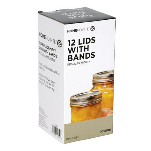 Box of 12 replacement regular-mouth jar lids and matching bands with BPA-free sealing compound, shown with glass jars filled with preserved food, for Kitchen & Food and Food Preservation collections including Canning and Best Sellers.