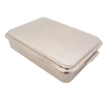 Rectangular stainless steel cake pan with fitted lid, designed for baking and transporting cakes, casseroles, and desserts, featured in kitchen and holiday hosting collections.