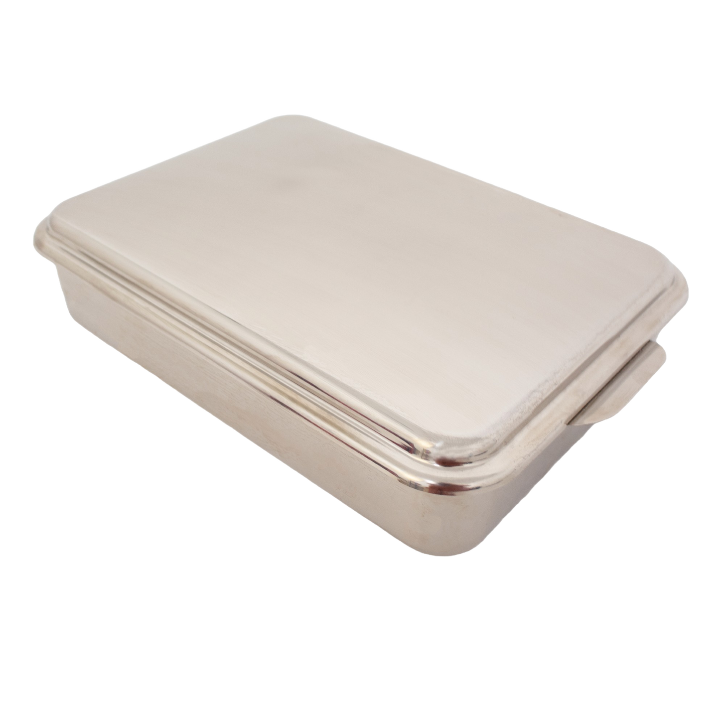 Rectangular stainless steel cake pan with fitted lid, designed for baking and transporting cakes, casseroles, and desserts, featured in kitchen and holiday hosting collections.