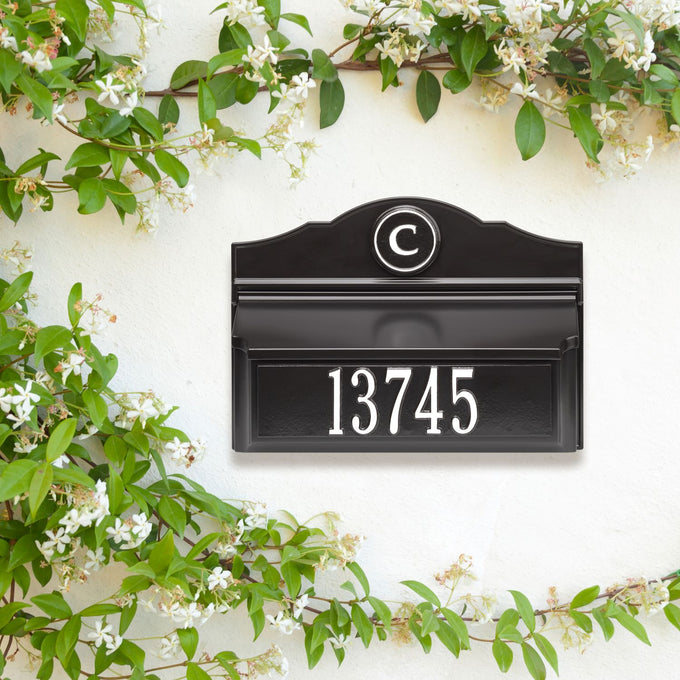 Handcrafted black and white custom wall mount mailbox with raised house number and circular monogram, enhancing curb appeal, featured in Home & Decor, Mailboxes and Address Signs, USA Made, and Best Sellers collections.