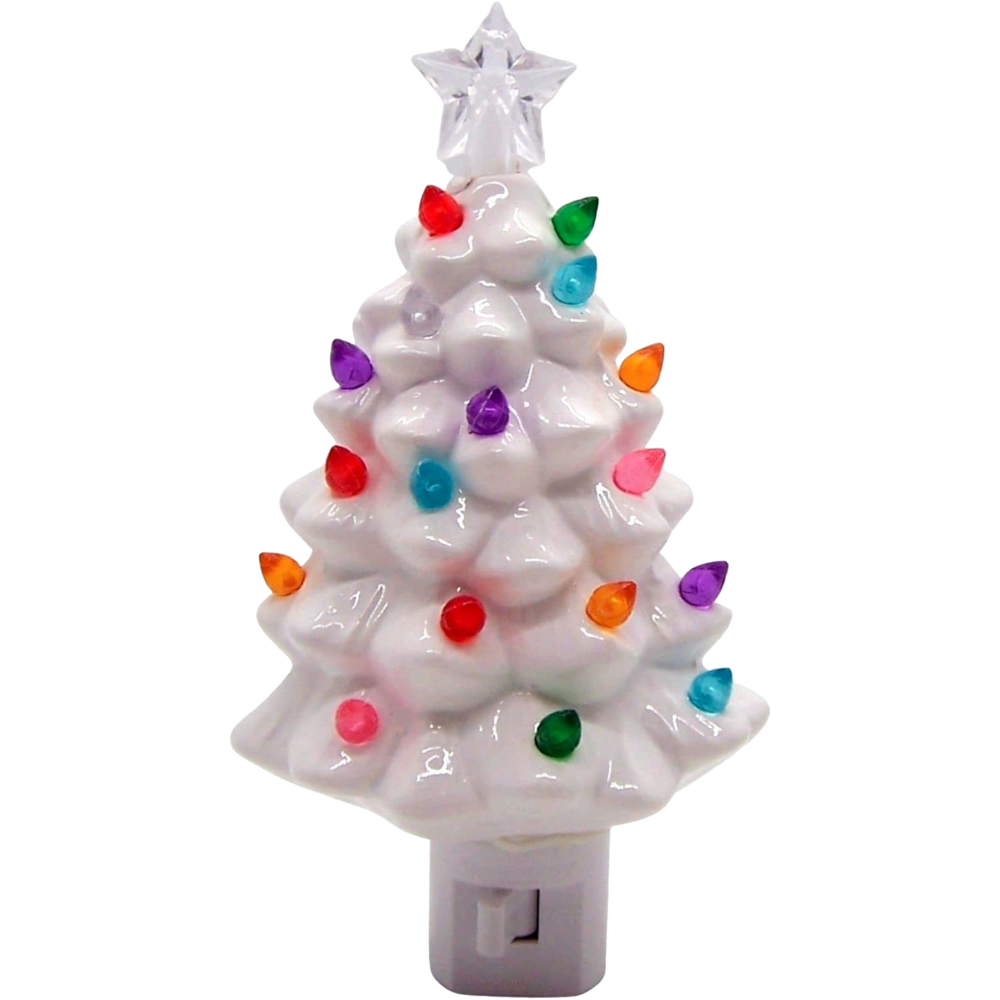 Handcrafted vintage-style ceramic Christmas tree nightlight with colorful bulbs in purple, pink, green, red, yellow, blue, and clear, topped with a star, perfect for Home & Decor, Holiday Decor, Best Sellers, and Promo Eligible collections.