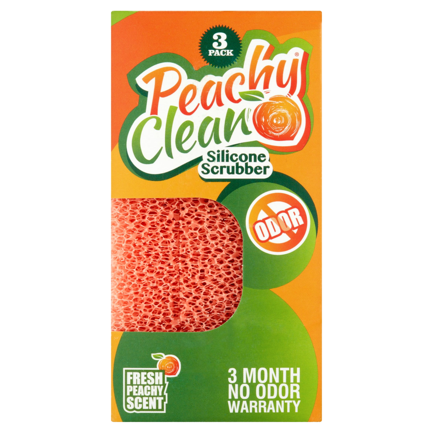 Set of three peach-colored silicone scrubbing pads in bright orange and green packaging, designed for household cleaning and USA made with a three-month no-odor warranty.