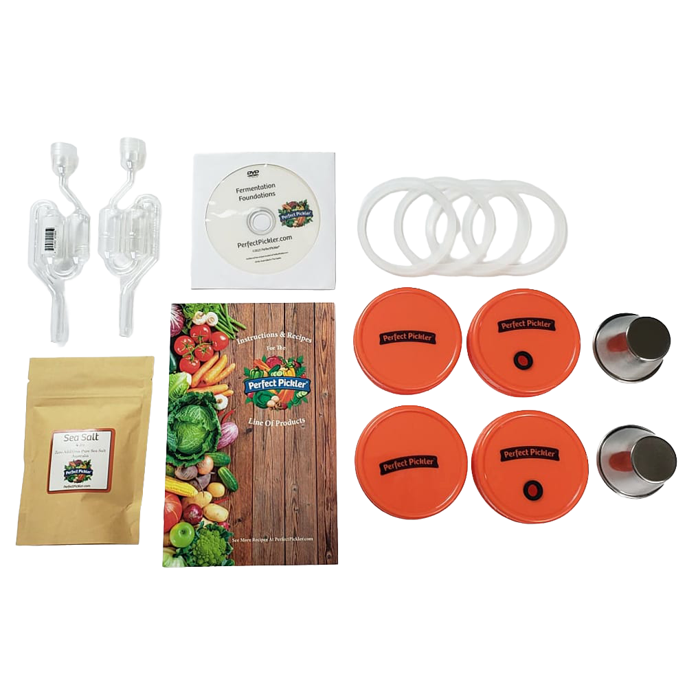 Handcrafted fermenting kit including two jar-top fermentors with orange lids, airlocks, gaskets, salt packet, and recipe guide, perfect for Kitchen & Food, Food Preservation, Fermenting and Pickling, Kitchen Gadgets, USA Made, and Best Sellers collections.