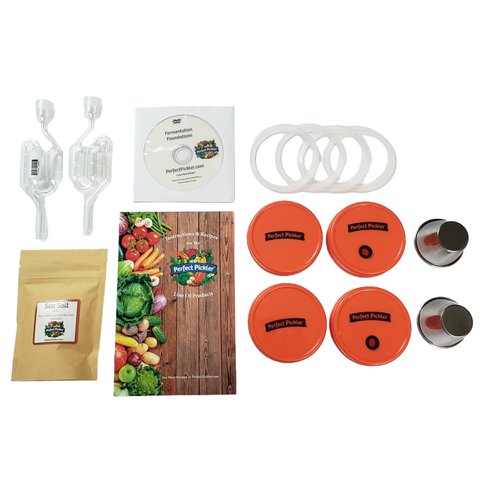 Handcrafted fermenting kit including two jar-top fermentors with orange lids, airlocks, gaskets, salt packet, and recipe guide, perfect for Kitchen & Food, Food Preservation, Fermenting and Pickling, Kitchen Gadgets, USA Made, and Best Sellers collections.