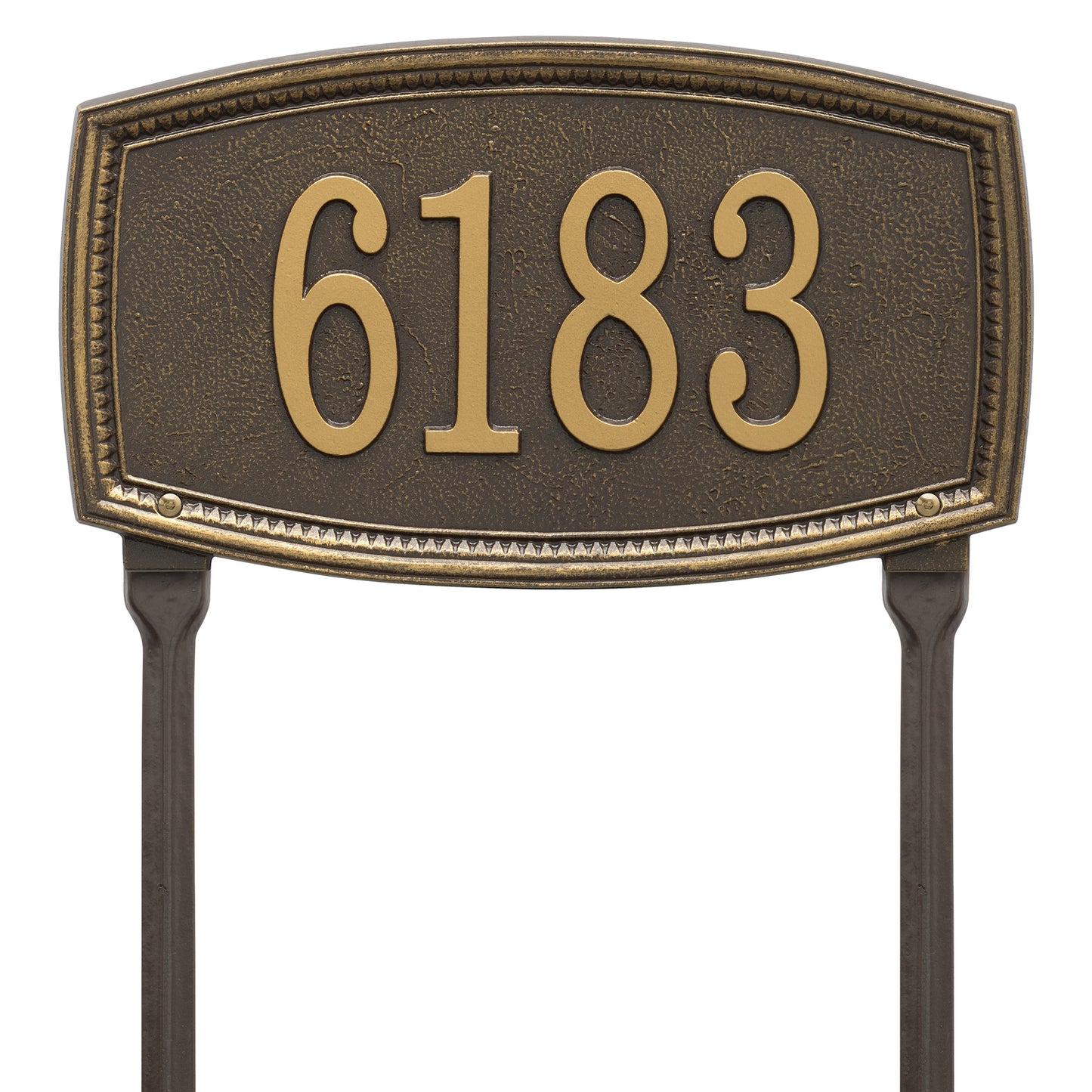 Elegant custom lawn plaque in bronze with raised gold numbers on a textured background, handcrafted in the USA, ideal for Home & Decor and Mailboxes and Address Signs collections.