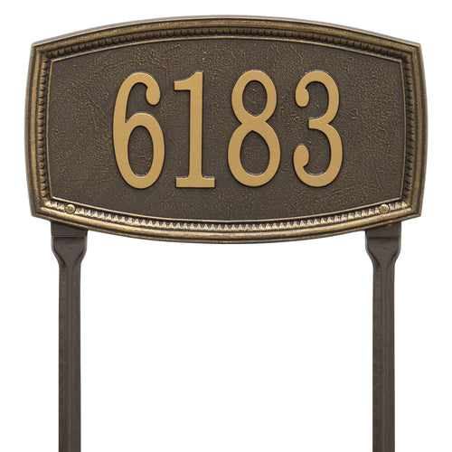 Elegant custom lawn plaque in bronze with raised gold numbers on a textured background, handcrafted in the USA, ideal for Home & Decor and Mailboxes and Address Signs collections.