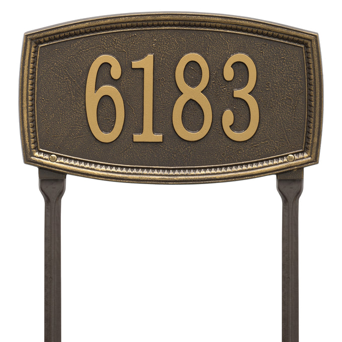Elegant custom lawn plaque in bronze with raised gold numbers on a textured background, handcrafted in the USA, ideal for Home & Decor and Mailboxes and Address Signs collections.
