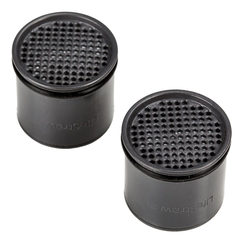 Two black cylindrical replacement carbon filters with perforated tops designed for LifeStraw Stainless Steel water filter, featured in Camping, Emergency Supplies, and Water Treatment collections.