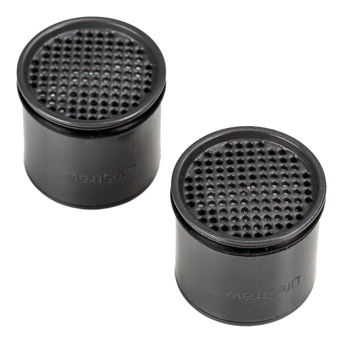 Two black cylindrical replacement carbon filters with perforated tops designed for LifeStraw Stainless Steel water filter, featured in Camping, Emergency Supplies, and Water Treatment collections.
