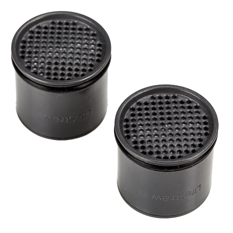 Two black cylindrical replacement carbon filters with perforated tops designed for LifeStraw Stainless Steel water filter, featured in Camping, Emergency Supplies, and Water Treatment collections.