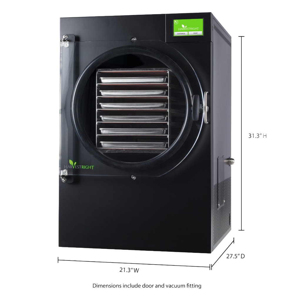 Black home freeze dryer with clear circular door displaying multiple stainless steel trays inside, featuring a bright green touchscreen, designed for Kitchen & Food, Food Preservation, Freezing, Drying, and Best Sellers collections.