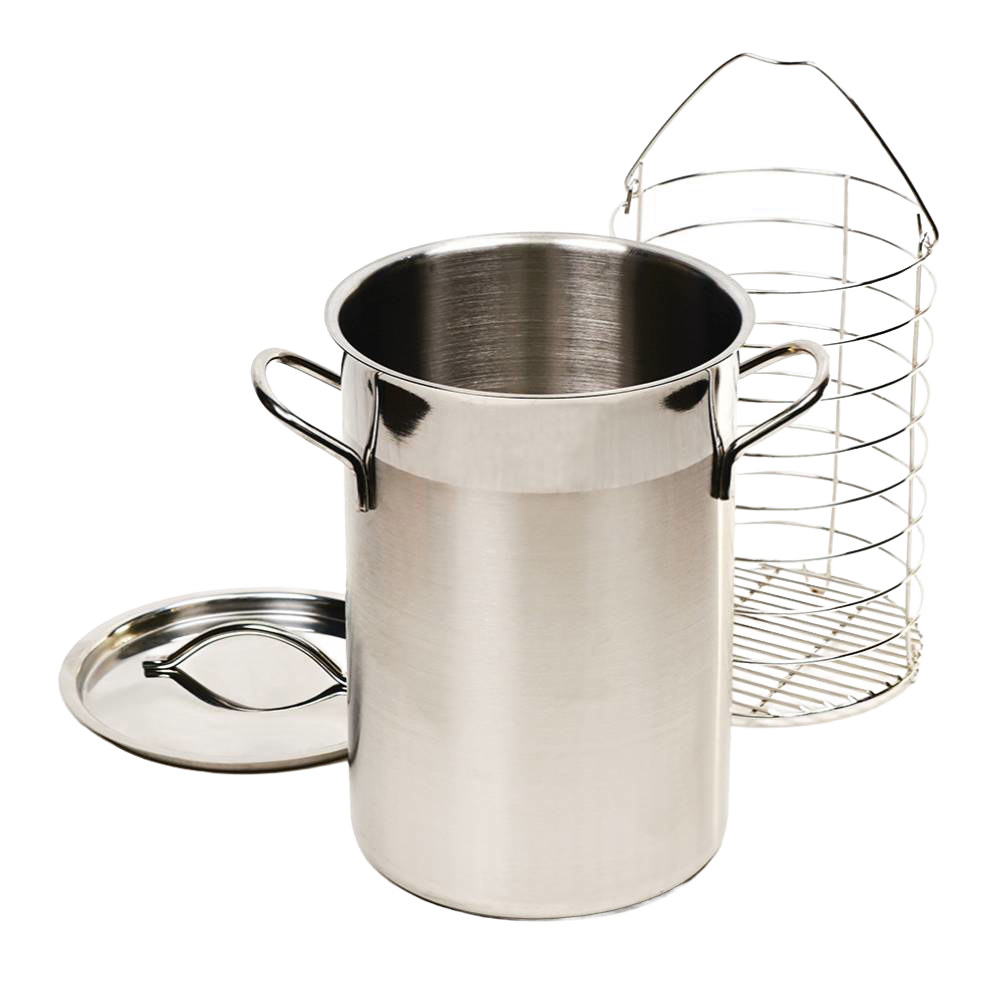 Stainless steel asparagus steamer pot with lid and chromed steel insert basket designed for upright steaming, featured in Kitchen & Food, Cookware, and Best Sellers collections.