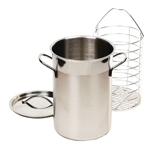 Stainless steel asparagus steamer pot with lid and chromed steel insert basket designed for upright steaming, featured in Kitchen & Food, Cookware, and Best Sellers collections.