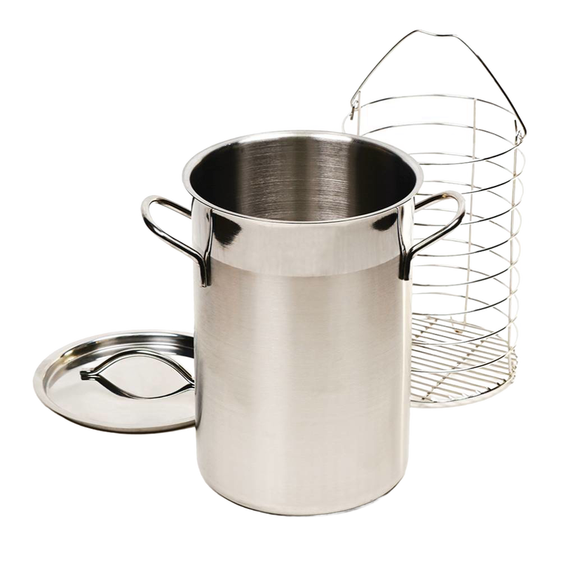 Stainless steel asparagus steamer pot with lid and chromed steel insert basket designed for upright steaming, featured in Kitchen & Food, Cookware, and Best Sellers collections.