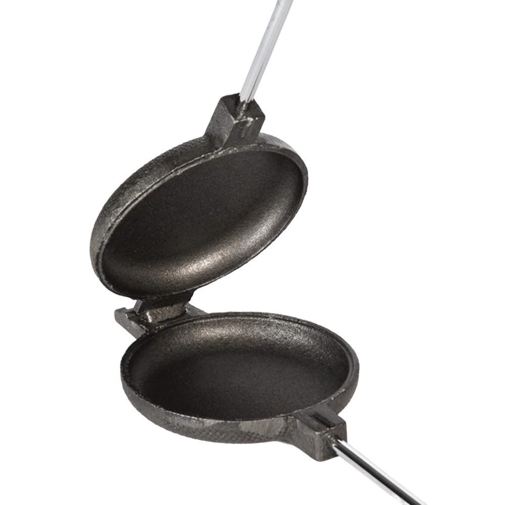 Handcrafted cast iron round pie iron with metal handle and wood grips, designed for outdoor cooking, featured in Farm, Garden & Tool, Camping, and Best Sellers collections.