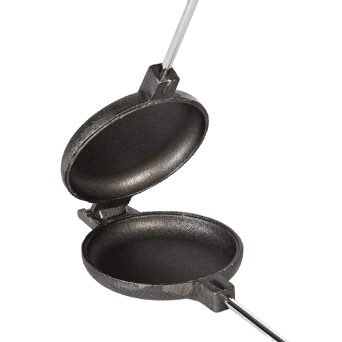 Handcrafted cast iron round pie iron with metal handle and wood grips, designed for outdoor cooking, featured in Farm, Garden & Tool, Camping, and Best Sellers collections.