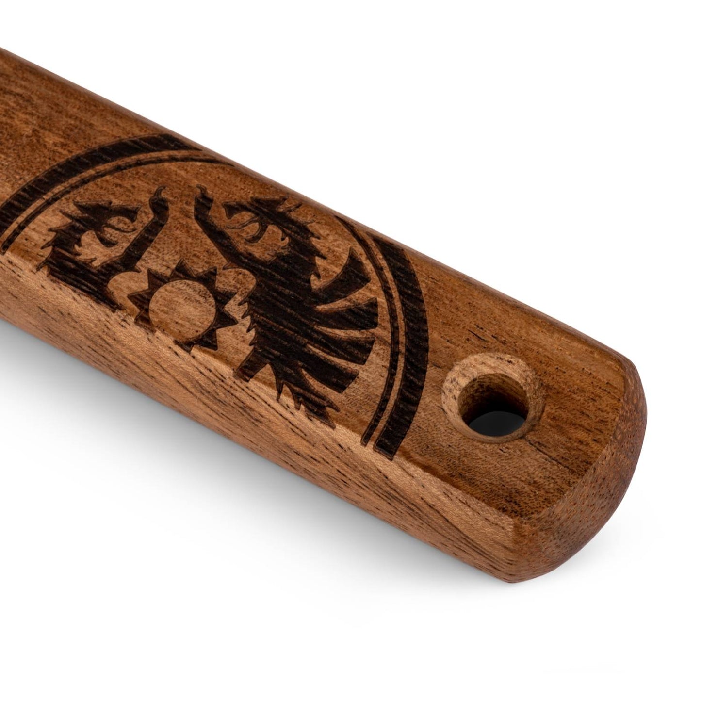 Close-up of a wooden handle with a detailed engraved pattern and hanging hole, handcrafted for durability and style, suitable for Farm, Garden & Tool and Camping collections.