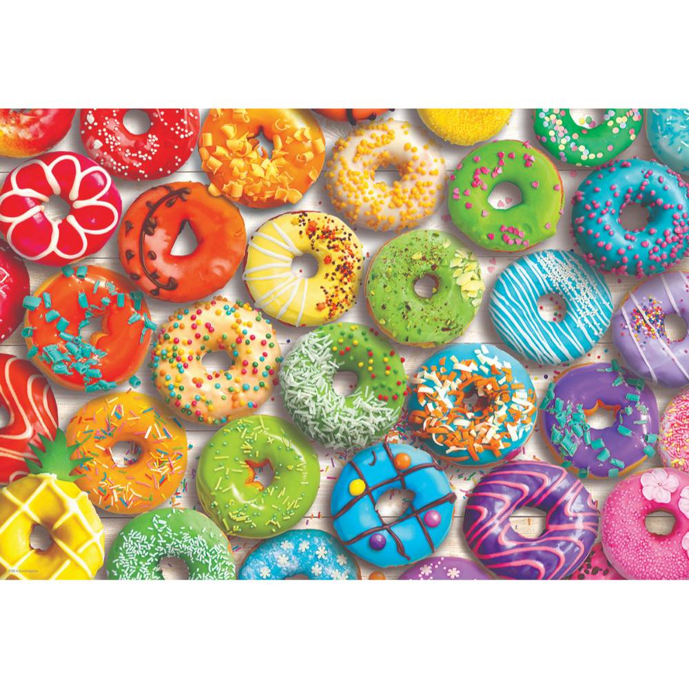 Colorful assortment of decorated donuts with various frosting, sprinkles, and patterns, featured in a playful puzzle image from Toys, Books & Games and Children’s Toys collections.
