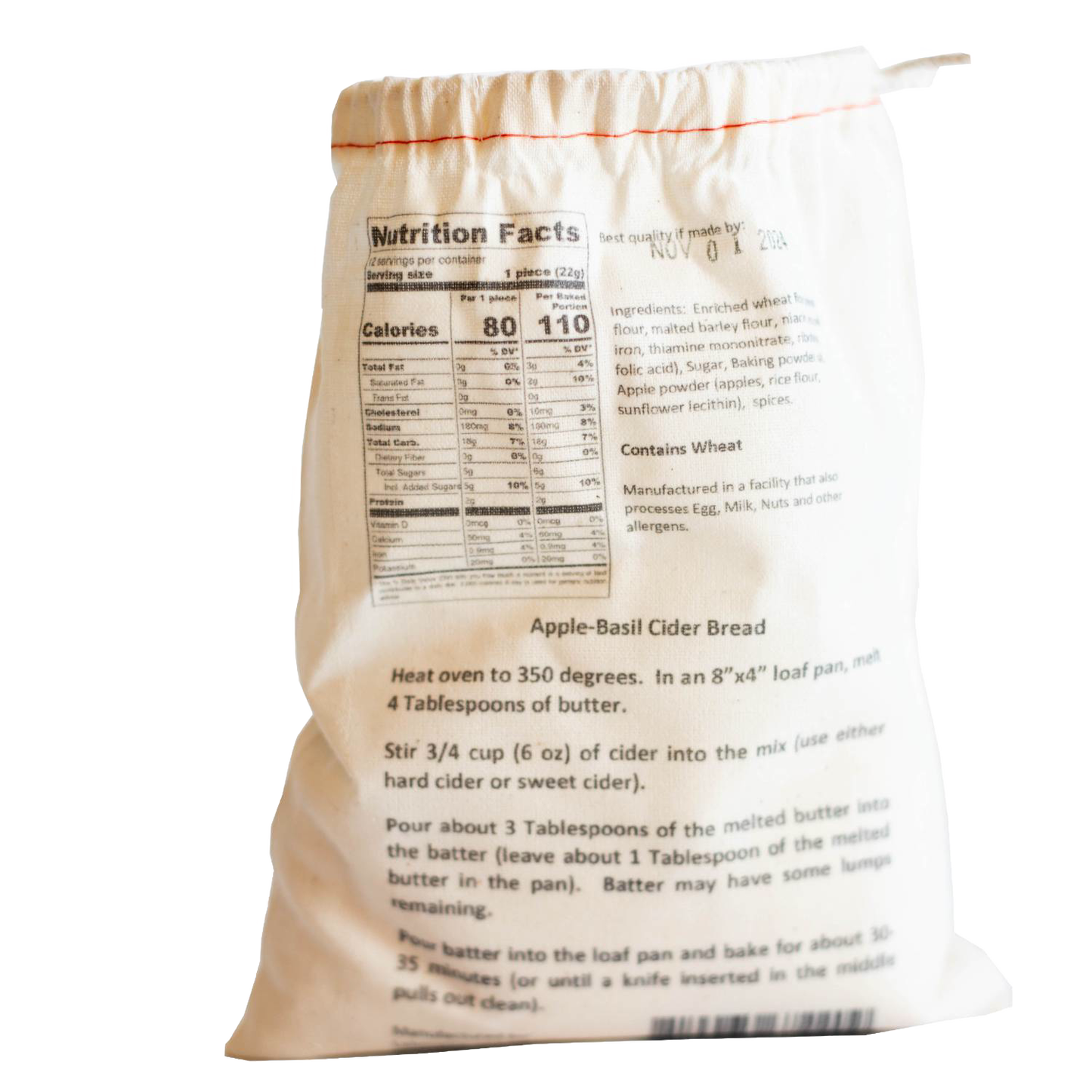 Natural fabric drawstring bag featuring handcrafted Apple Basil Cider bread mix with baking instructions and nutrition facts, ideal for Kitchen & Food, Pantry, Dry Goods and Mixes, Best Sellers, Promo Eligible collections.