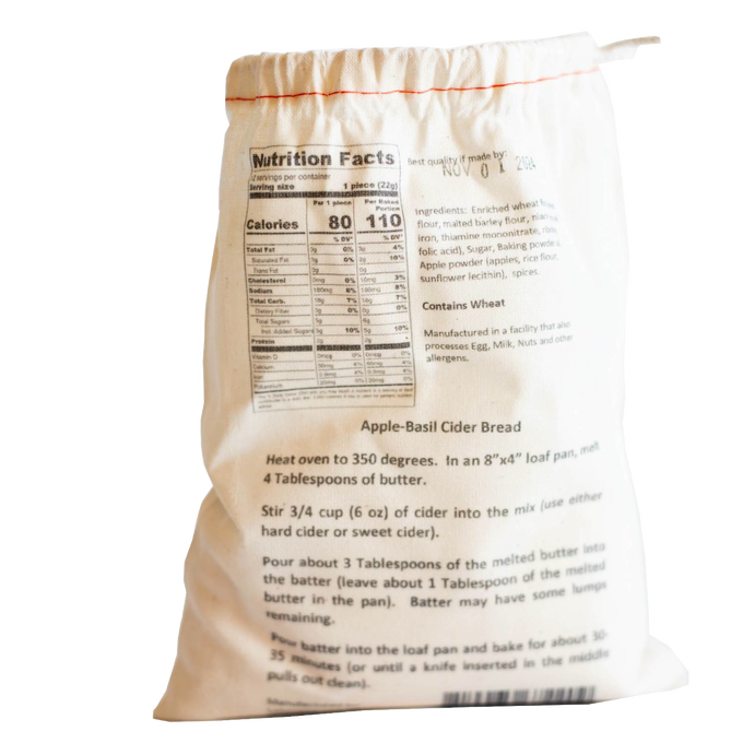 Natural fabric drawstring bag featuring handcrafted Apple Basil Cider bread mix with baking instructions and nutrition facts, ideal for Kitchen & Food, Pantry, Dry Goods and Mixes, Best Sellers, Promo Eligible collections.
