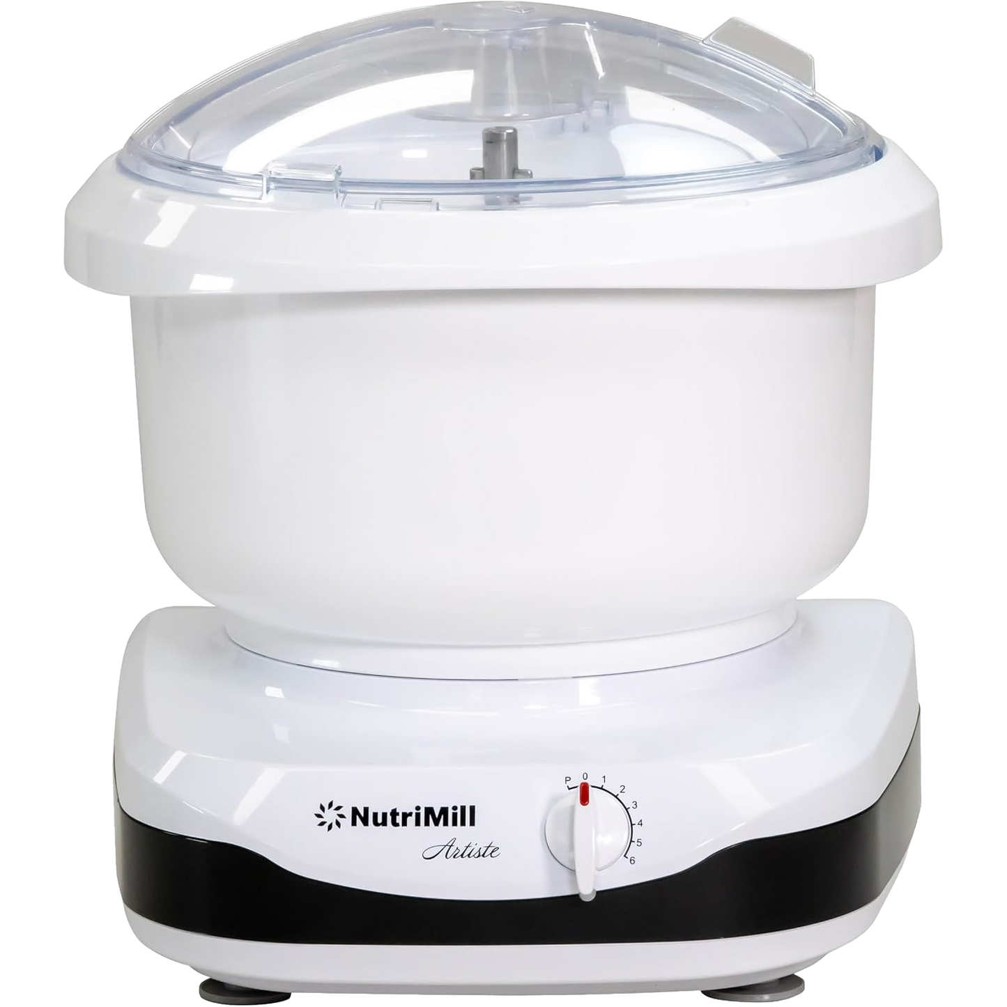 Compact white kitchen stand mixer with clear plastic lid and 6-speed dial, designed for baking and bread making, part of Kitchen & Food, Baking Supplies, and Best Sellers collections.