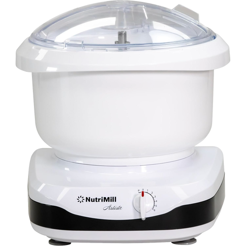 Compact white kitchen stand mixer with clear plastic lid and 6-speed dial, designed for baking and bread making, part of Kitchen & Food, Baking Supplies, and Best Sellers collections.