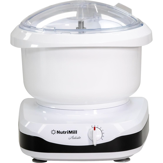 Compact white kitchen stand mixer with clear plastic lid and 6-speed dial, designed for baking and bread making, part of Kitchen & Food, Baking Supplies, and Best Sellers collections.
