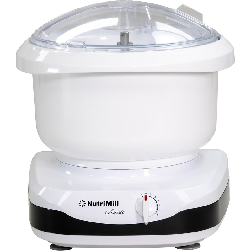 Compact white kitchen stand mixer with clear plastic lid and 6-speed dial, designed for baking and bread making, part of Kitchen & Food, Baking Supplies, and Best Sellers collections.