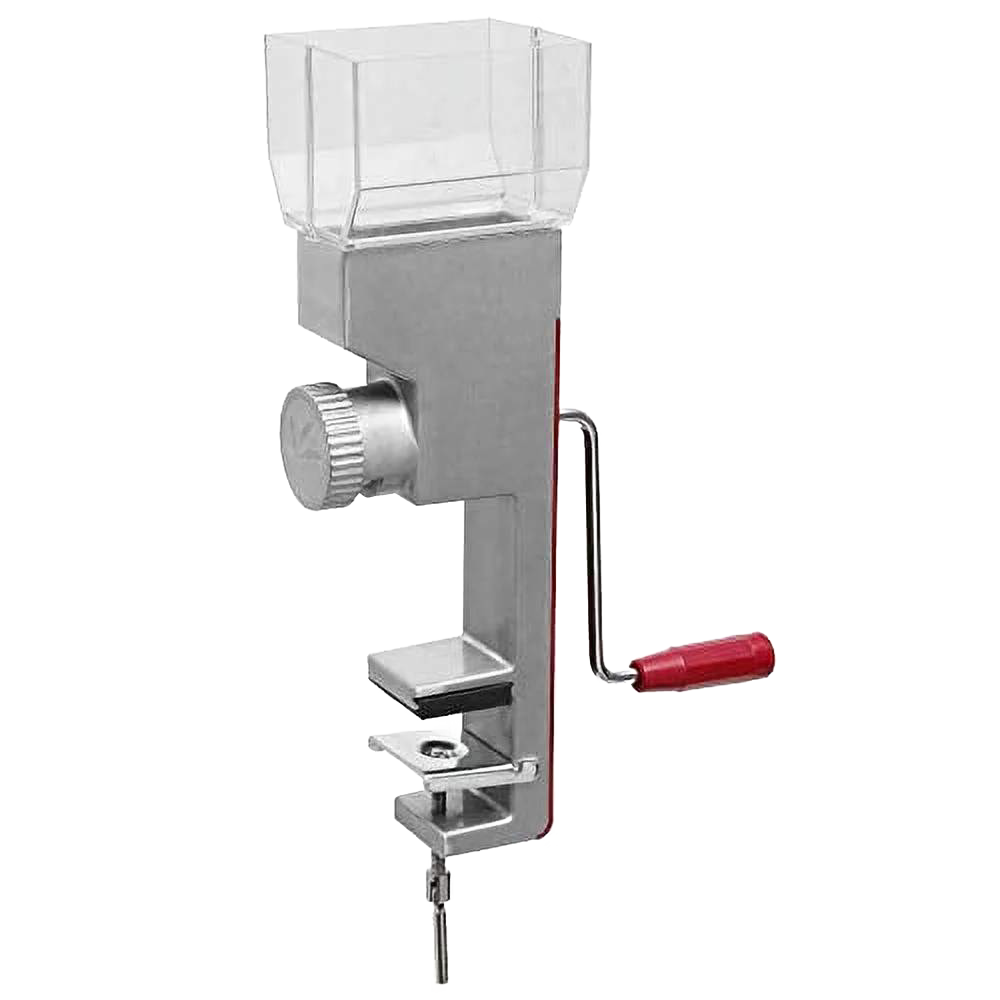 Compact stainless steel grain mill with clear hopper and red wooden handle, adjustable grind settings, designed for efficient manual flour grinding in Kitchen & Food and Grain Mills collections.