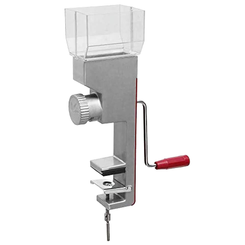 Compact stainless steel grain mill with clear hopper and red wooden handle, adjustable grind settings, designed for efficient manual flour grinding in Kitchen & Food and Grain Mills collections.