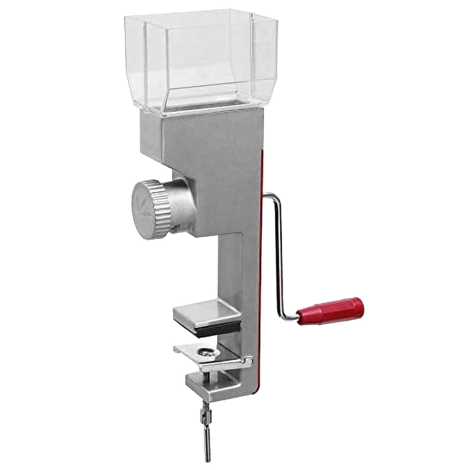 Compact stainless steel grain mill with clear hopper and red wooden handle, adjustable grind settings, designed for efficient manual flour grinding in Kitchen & Food and Grain Mills collections.