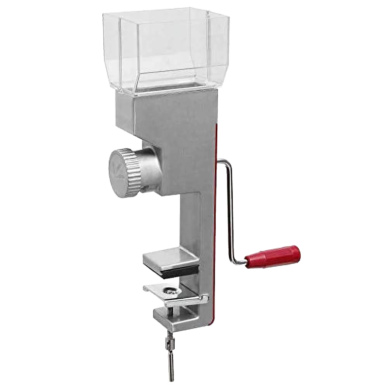 Compact stainless steel grain mill with clear hopper and red wooden handle, adjustable grind settings, designed for efficient manual flour grinding in Kitchen & Food and Grain Mills collections.