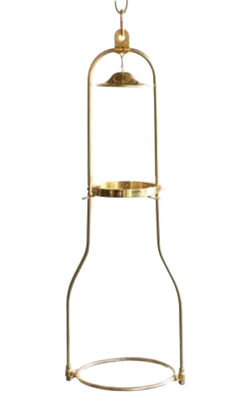 Polished solid brass hanging bracket with tilt frame design for vintage oil lamps, suitable for lamps & lighting collections, highlighting classic and functional appeal.