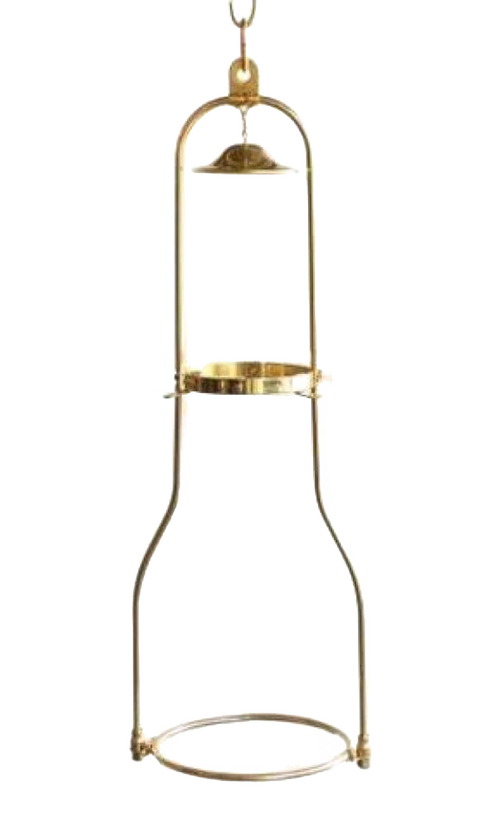 Polished solid brass hanging bracket with tilt frame design for vintage oil lamps, suitable for lamps & lighting collections, highlighting classic and functional appeal.