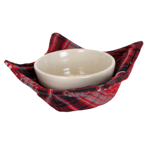 Handcrafted plaid bowl cozy made from 100% cotton, designed to safely hold hot bowls or mugs, featured in Kitchen & Food, Kitchen Textiles, Storage and Serving, Best Sellers, and Promo Eligible collections.